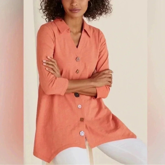 Soft Surroundings Women’s 3/4 Sleeve Multi-Button Down Top Tunic Petite Small - Picture 1 of 14